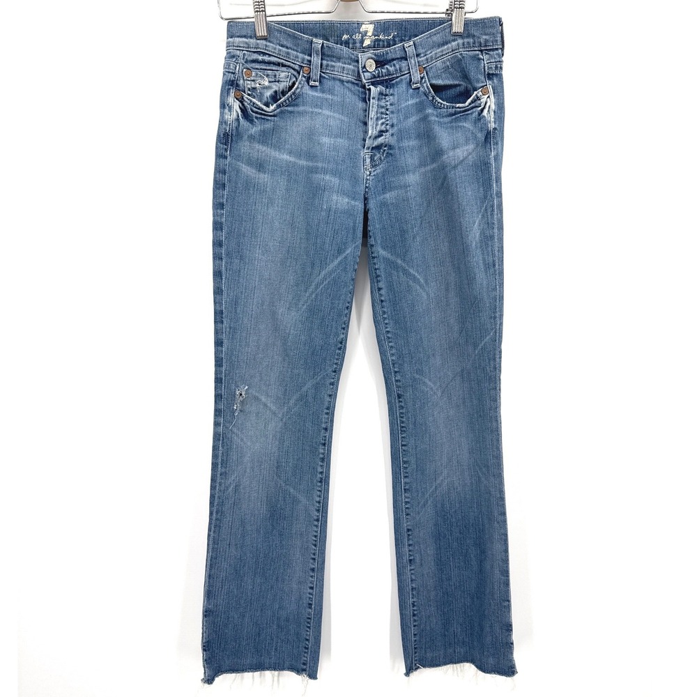 7 For All Mankind Women Jeans 29 Blue Distressed Raw Hem Straight Button Fly